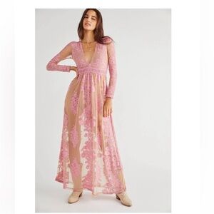 NEW Free people For Love & Lemons Temecula Maxi Dress Pink Tan / Nude Floral M